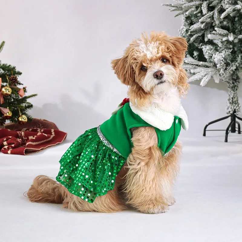Christmas Pet Dress Dog Skirts Holiday Party New Year Christmas Dress Up Classic Dress Green Red Pet Decoration Pet Clothes M251208 - view 3