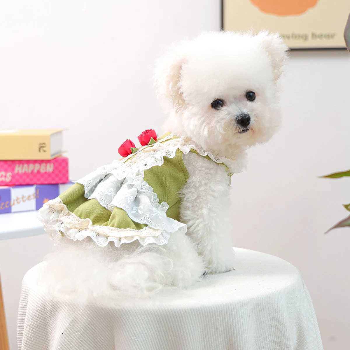 Pet Cat Dog Clothes Early Autumn Princess Style Green with Rose Flower Accessories Dress Suspender Skirt M251208
