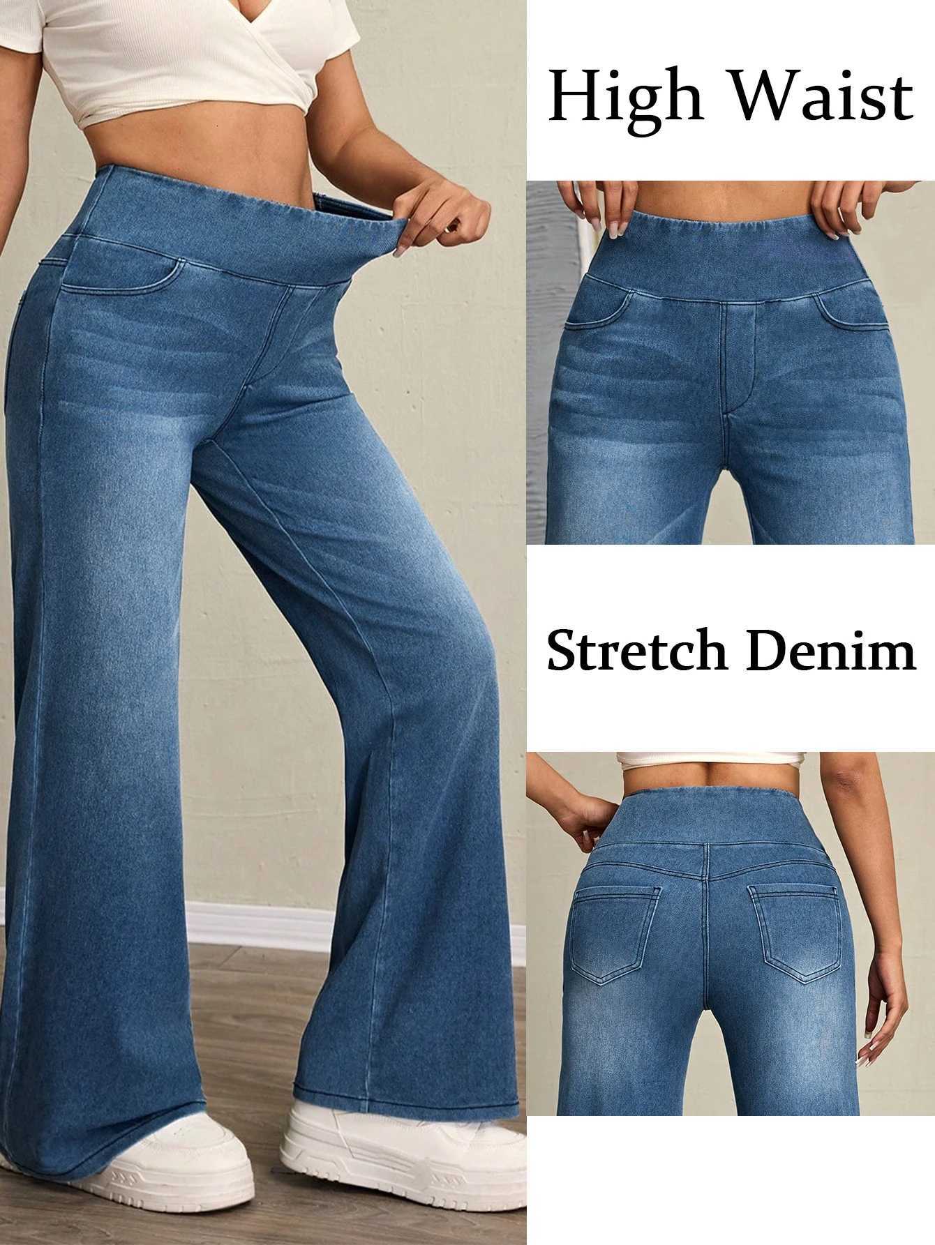 Womens high-rise wide-leg jeans with tummy tuck slim fit made from stretch denim fabric are stylish for casual everyday wearT251208