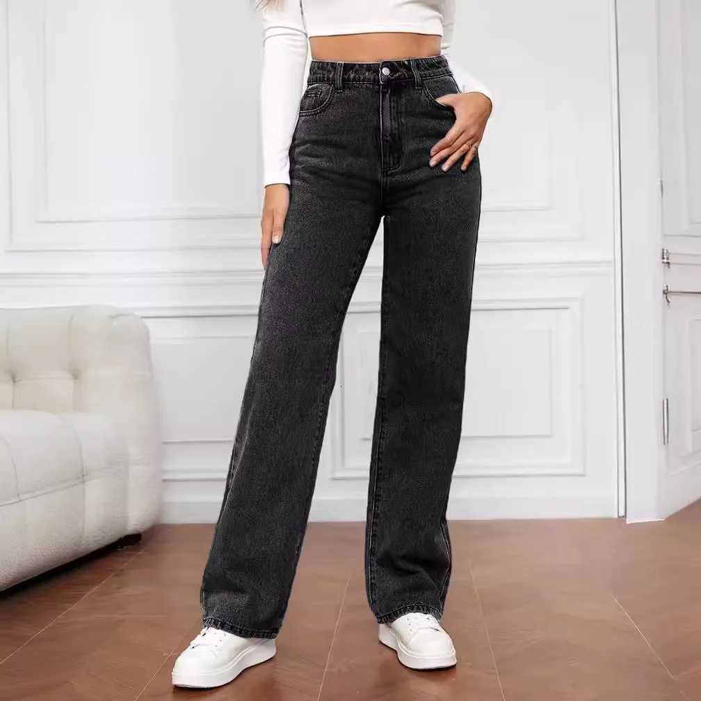 Europe and America New Fashion Washed High-waisted Jeans Womens Spring and Summer New Straight Pants Casual Wide-leg PantsT251208