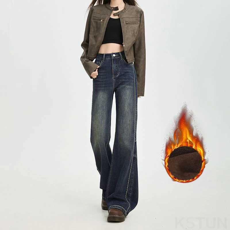 KSTUN Fleece Jeans For Women Winter Bell Bottom Trousers Warm Thicken Embroidered Stripes Design Mom Straight Leg Flared PantsT251208