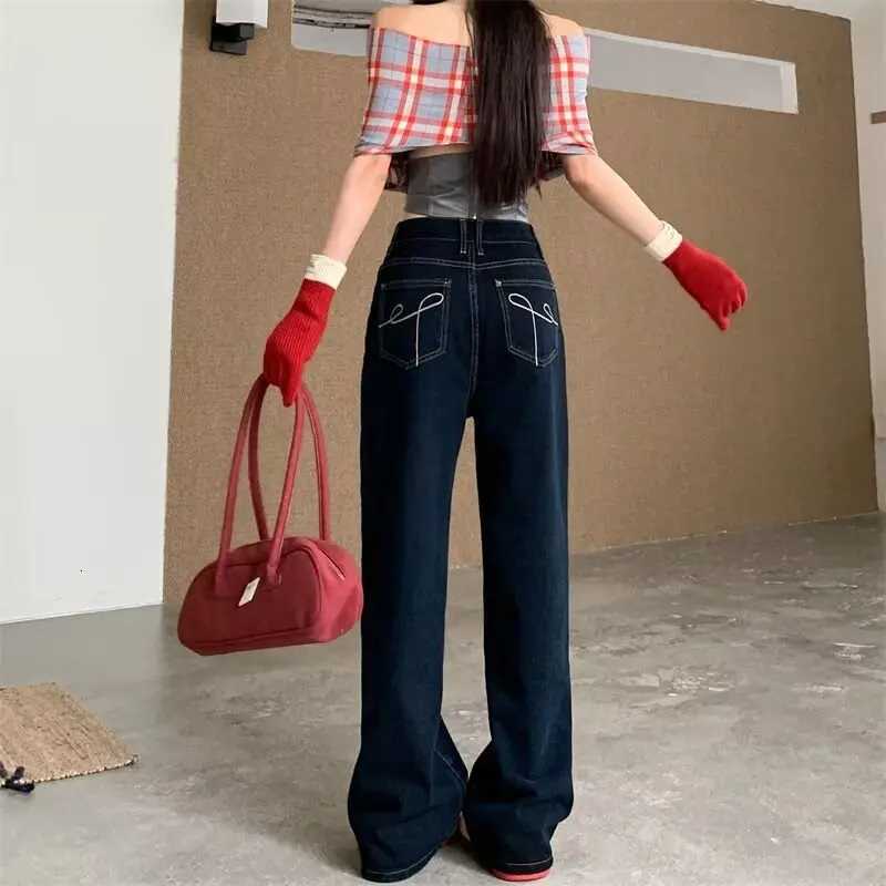 Embroidery Retro High Waist Straight Leg Jeans Womens Loose Casual Wide Leg Pants Floor-Length Trousers Autumn CollectionT251208