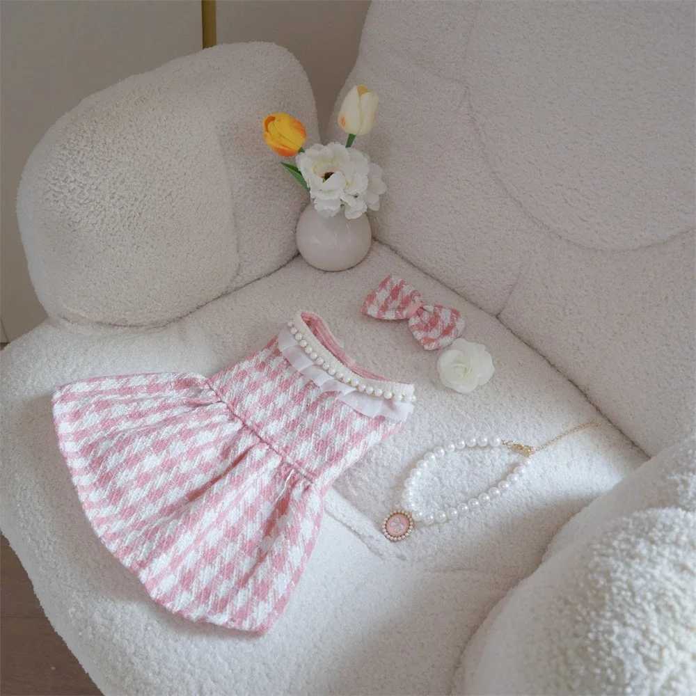 Puppy Plaid Wool Dress Pearl Neck Sweater Teddy Bears Medium Small Dog Cardigan Autumn Winter Pet Apparel Dog Clothes M251208