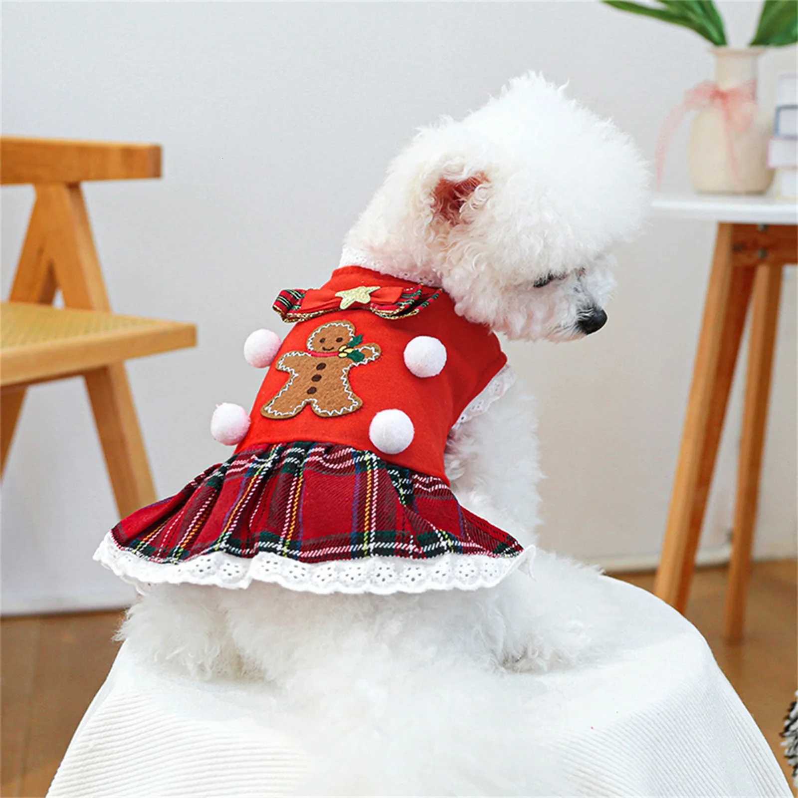 Christmas Pet Clothes Gingerbread Man Plaid Christmas Dog Dress Cat Christmas Apparel Puppy Dress Holiday Girls Dog Costume M251208