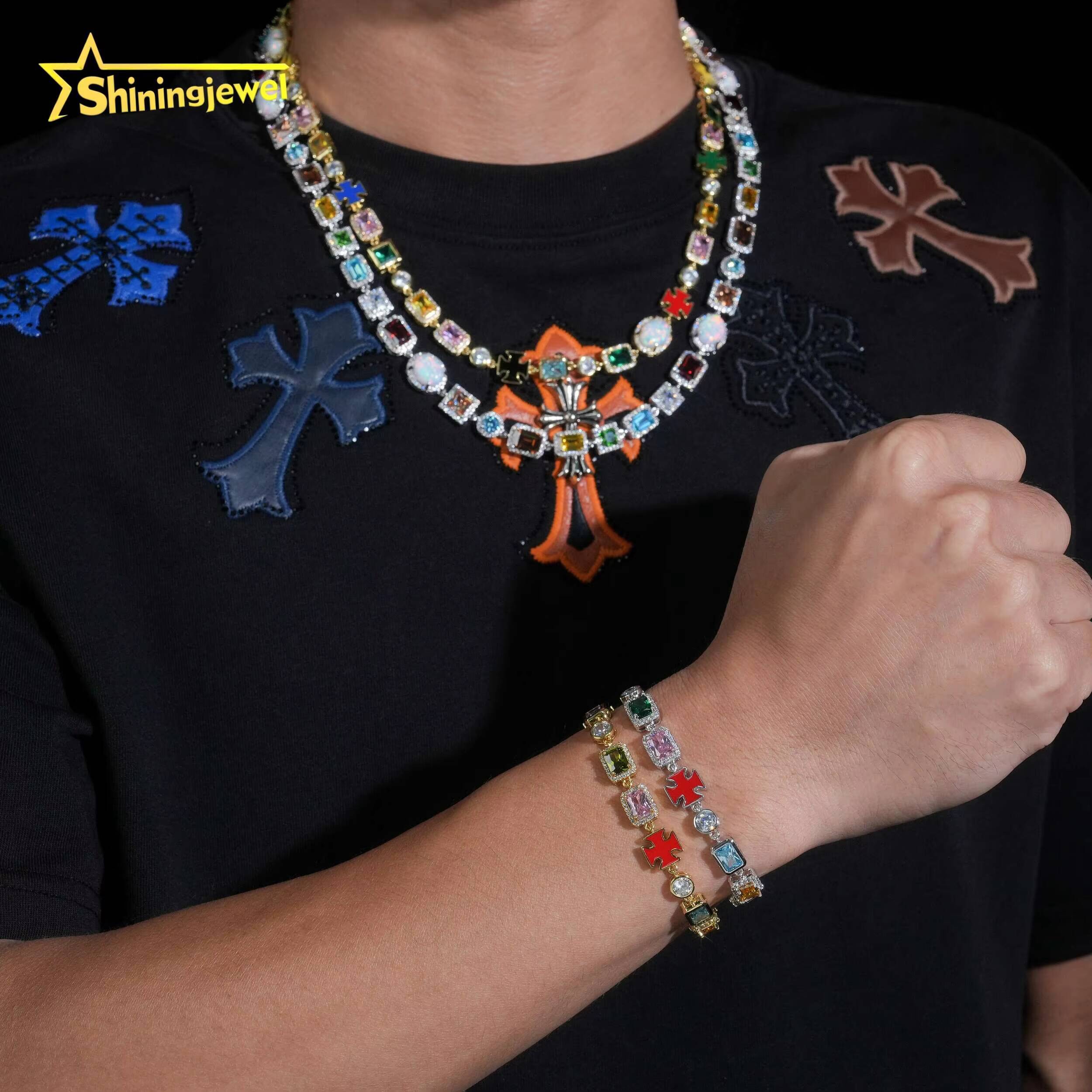 107mm Colorful Stone Bracelet Brass Iced Out 5A Cubic Zirconia Opal Hip Hop Mix Shape Diamond Jewelry Bracelet