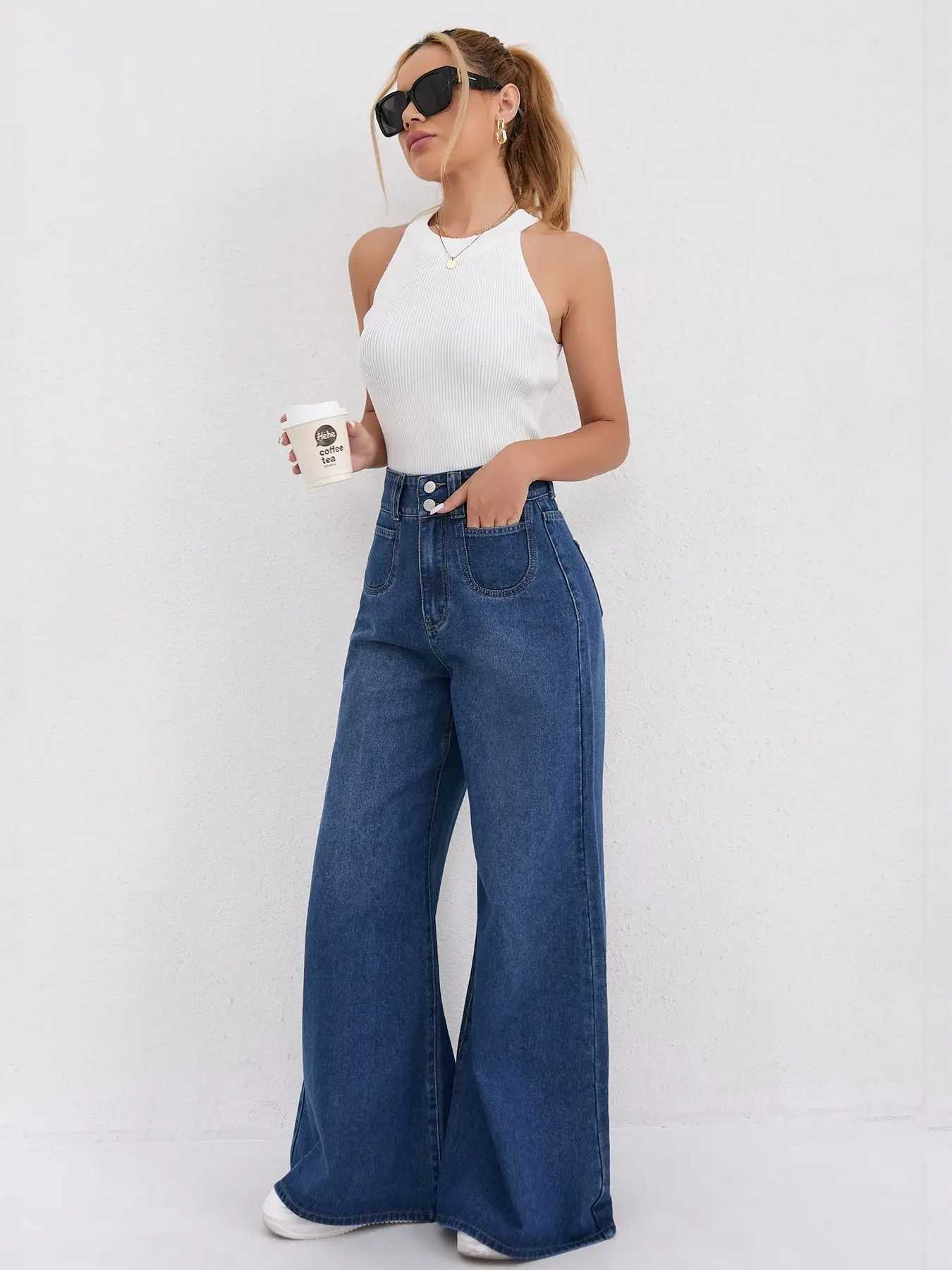 Autumn and Winter Trend High-waisted Double-button Solid Color Loose Wide-leg Jeans with A Flowing Look Versatile for WomensT251208
