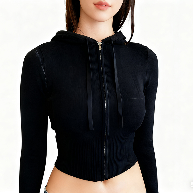 Women's Jackets Women's Ribbed Knit Zip-Up Hoodie Crop Top - Black Fitted Deep V Neck Hooded Cardigan 8184816