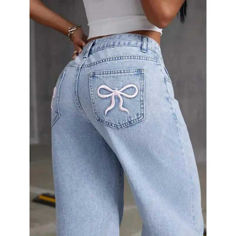 Women Jeans Embroidery High Waist Distressed Washed Pockets Vintage Floor Length Trousers 2025 Denim Wide Leg Pants StreetwearT251208