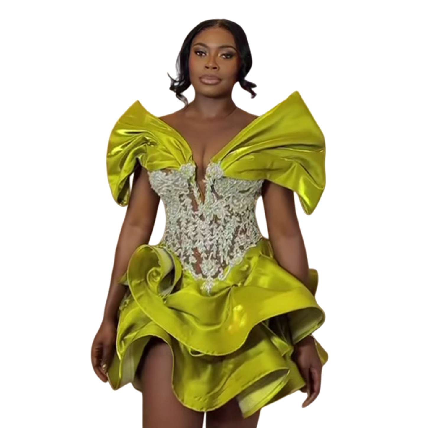 2026 Yellow Green A-line Cocktail Dress Lace Beaded Satin Tiers Short Mini Graduation Homecoming Dresses For Special Occasions Sweetheart Gowns ZJ057