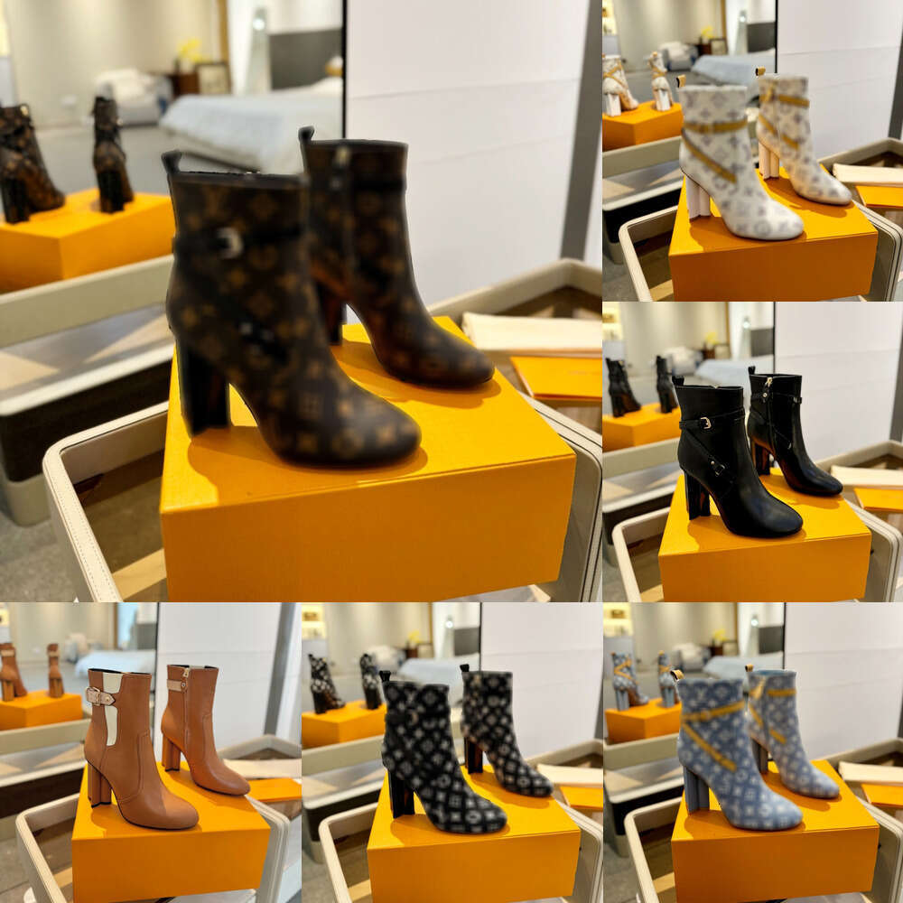 Designer boots Fashion Shoes Women Classic High Heeled Ankle Boots Letter Print Leather cowboy Jeans Martin knight Chunky Heel Mid-Calf boots party wedding shoes