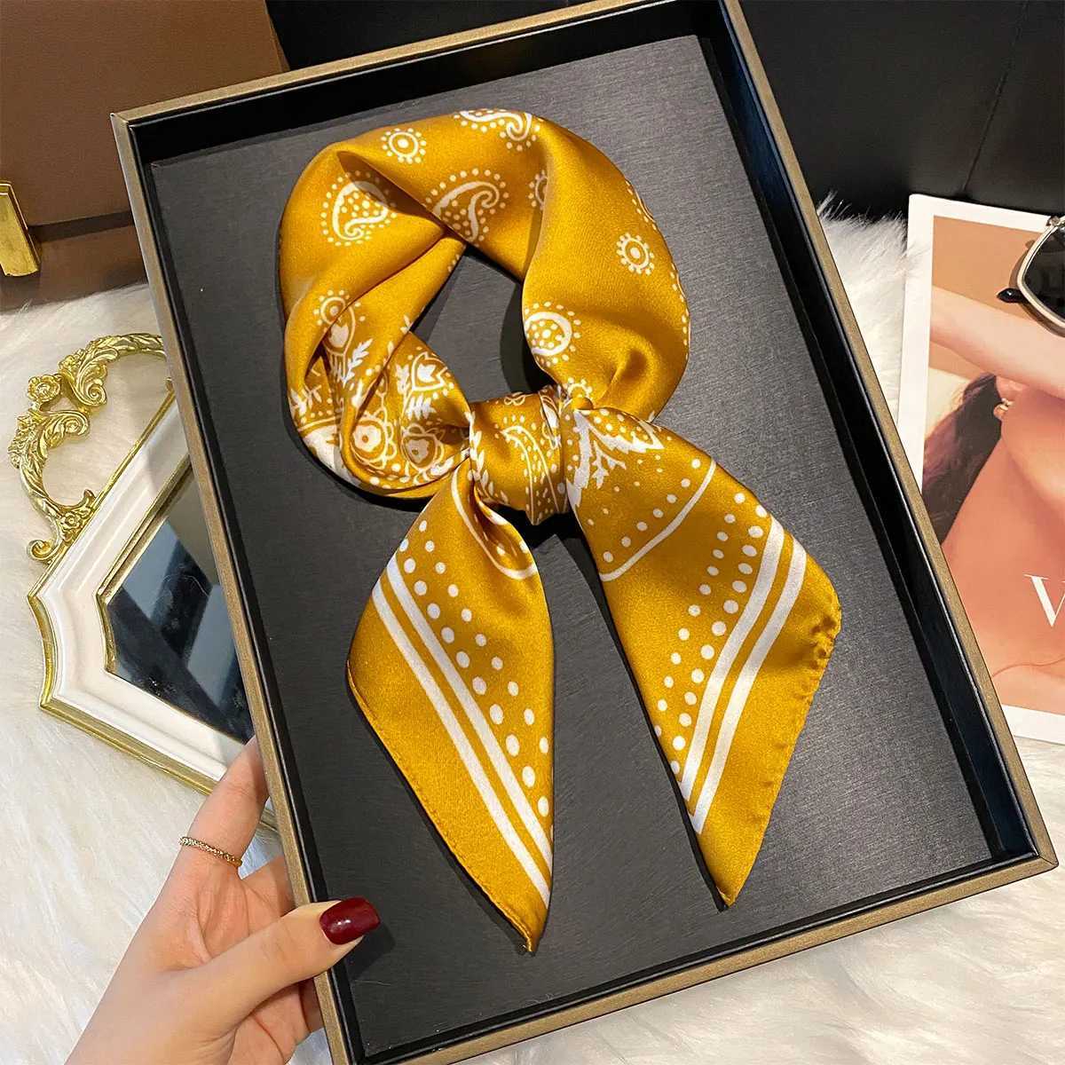 Luxury 70x70cm Women Scarf Silk Feeling Hair Neck Square Brand Office bandanna muffler Waiter Flight Attendants Handkerchief wrap Y251208