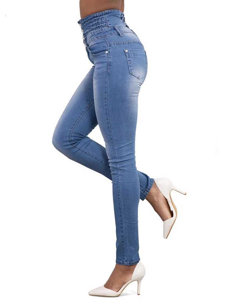 Women Narrow Straight Leg Slim Wrap Hips Jeans Lady Vintage Pencil Long Pants Casual Button Stretch High Waist Skinny TrousersT251208
