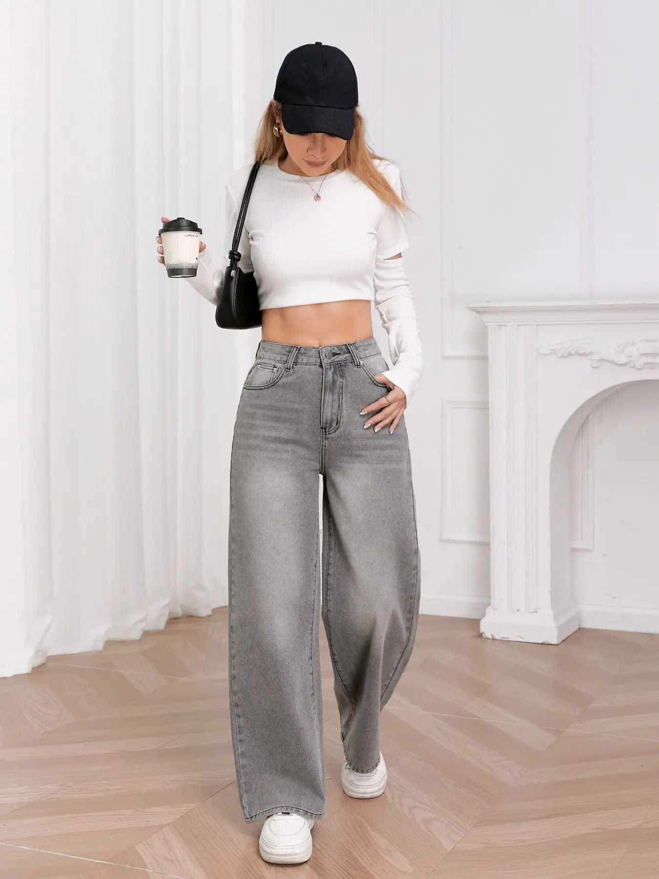 European and N Trend Washed Sky Gray Wide Leg Jeans Women Comfortable Fashion All-around Match Trend JeansT251208