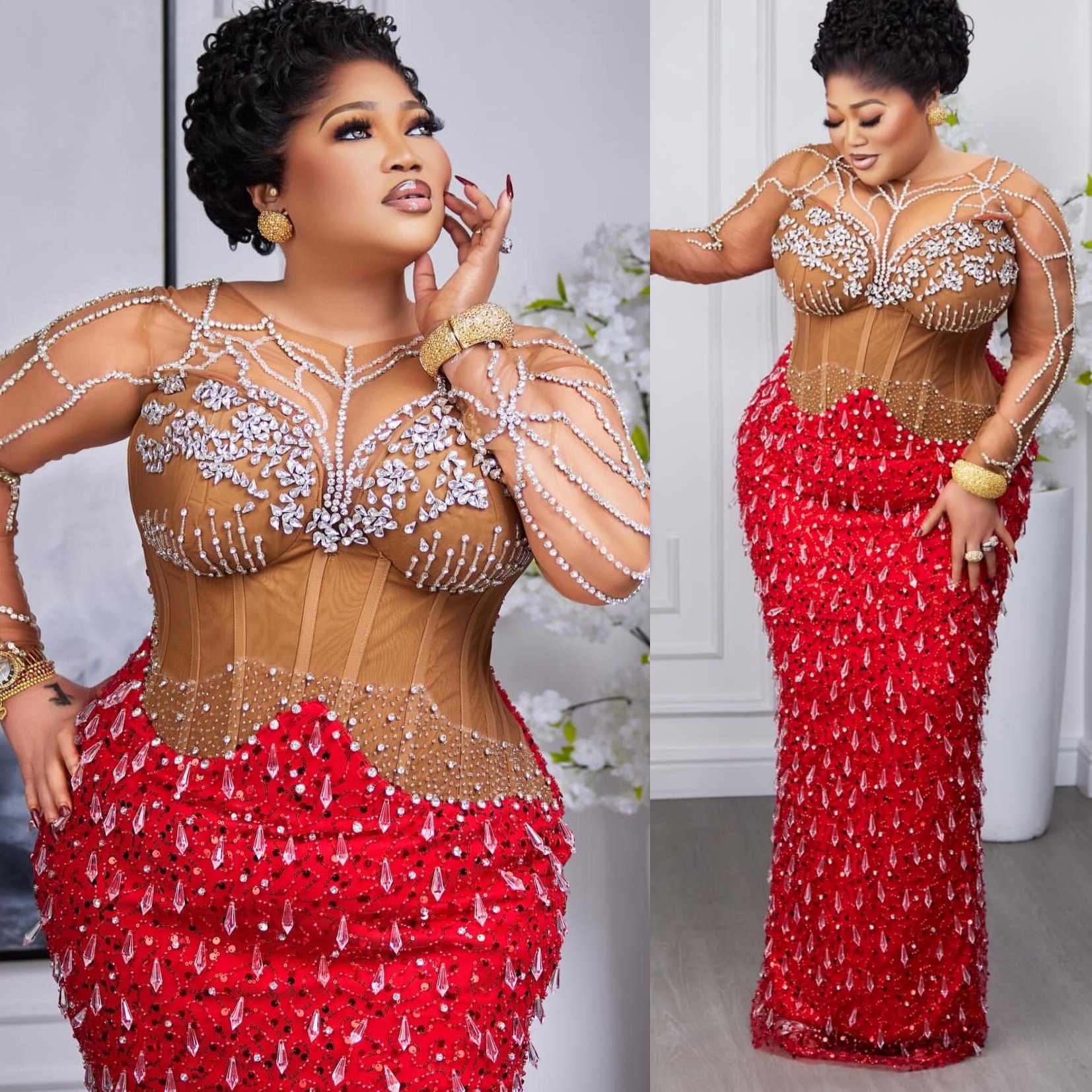 Aso Ebi Red Sheath Prom Dresses 2026 Rhinestones Illusion Sheer Neck Evening Formal Party Second Birthday Engagement Gowns Plus Size Dress For Special