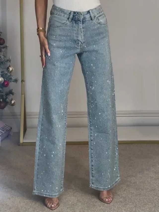 Womens full diamond washed denim jeans womens high-end high waisted straight leg pants spicy pantsT251208