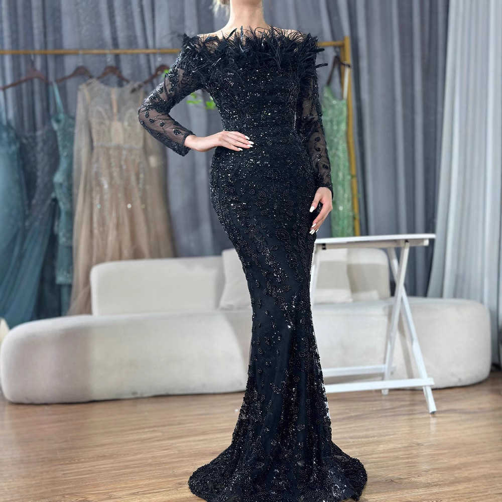 Black one-shoulder feather fish tail evening dress, luxurious and elegant temperament for ladies' dinner party hostess gown. L251208