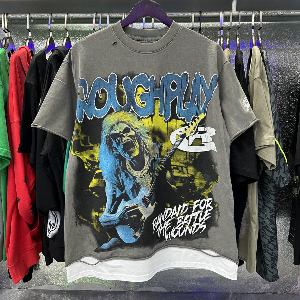 Men's T-Shirts RoughPlay Skull Printed Cotton Washed High-quality Short-sleeved Shirts With Holes Dark Hip-hop Rock style For Men And Women