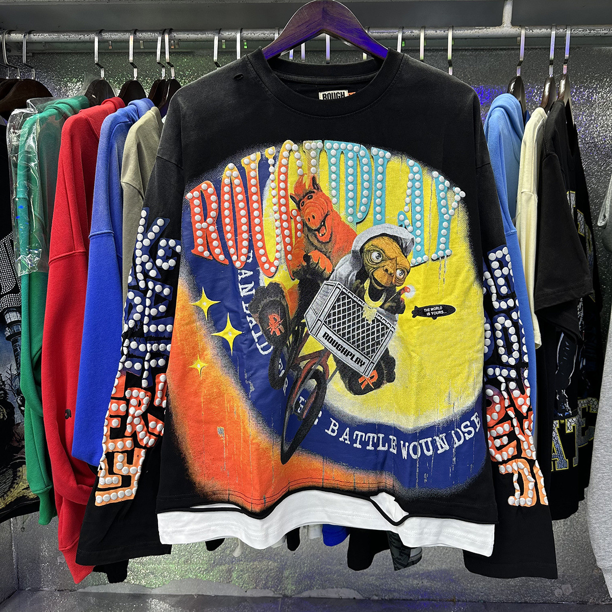 Men's T-Shirts RoughPlay Vintage Washed Skull Hip-hop Style Ripped Hole Patchwork Black Long Sleeves Casual Letter Printed Y2K Top Tees High-qual