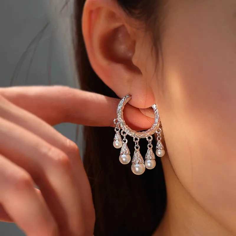 New 925 Sterling Silver Hoop Earrings Pearl Droplet Irregular Vintage Punk For Women Girl Gift Jewelry J251208