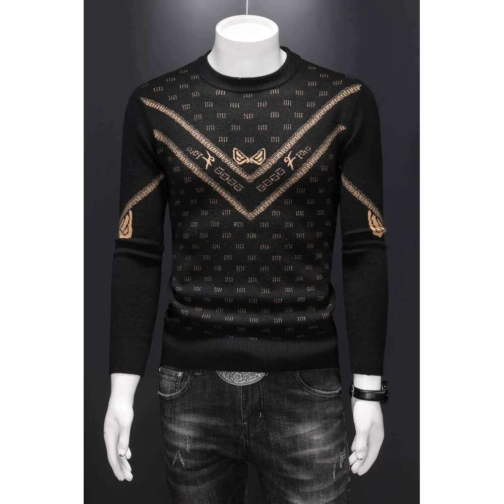 Vintage Fashion Men Winter Men's Jacquard Wool Blend Sweater Round-Neck Knitted Club Outfits Base Shirt