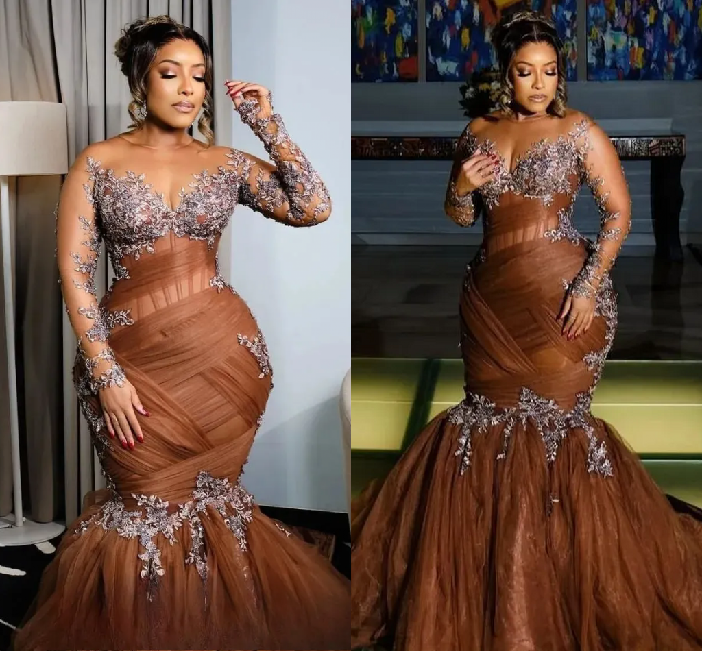 2026 Plus Size Chocolate Illusion Mermaid Prom Dresses For Special Occasions Lace Tulle Evening Party Birthday Gowns Dress For Women