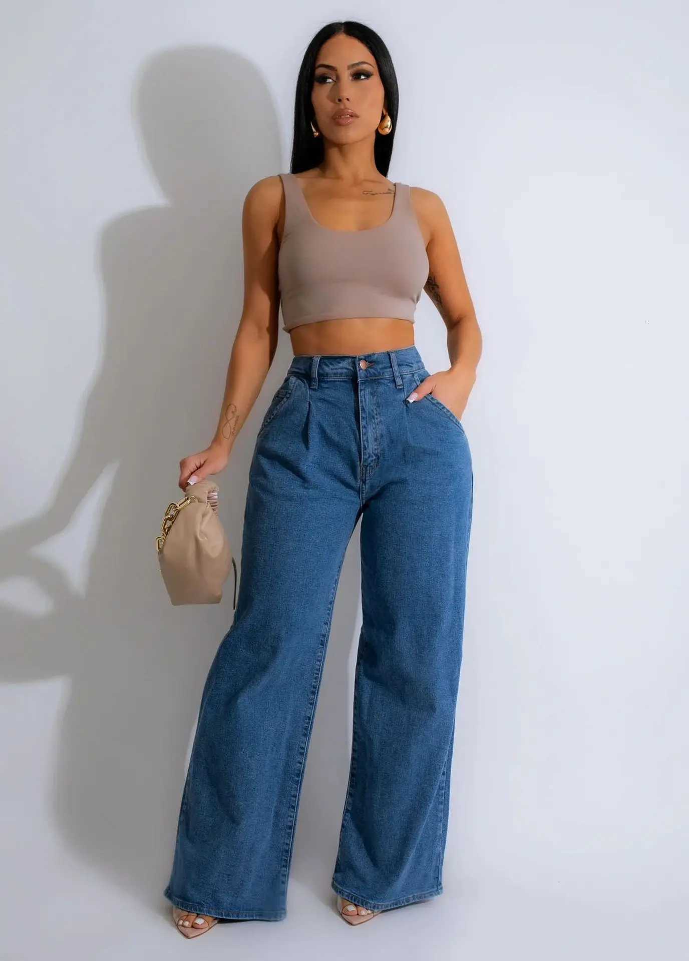 Jeans Women Long Pants Denim Wide Leg Pant Slim Fit Casual Y2k Streetwear Button Pocket High Waist Elegant Straight TrousersT251208