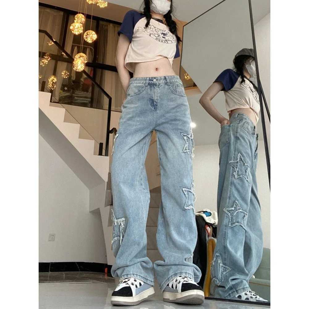 American Retro High Street Jeans Female Spring and Autumn New Design Embroidery High Waist Thin Wide Leg Trousers TideT251208