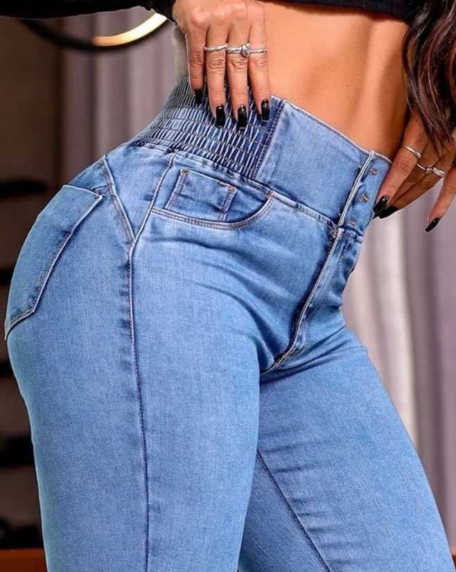 Fashionable Womens New Jeans Back Shirred Button Front High Waist Jeans Temperament Commuting Casual Comfortable JeansT251208