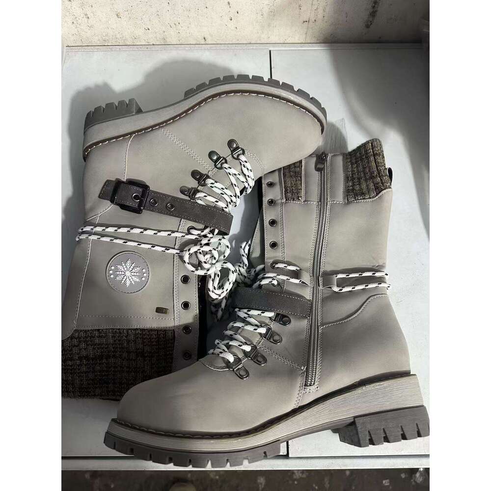 plus size midcalf womens winter new round toe square heel leather buckle niche designer free shipping knitted patchwork martin boots