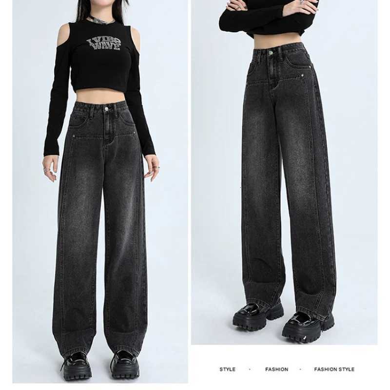 Woman High Waist Loose Wide Leg Jeans Boyfriend Straight Leg Pants Female Gray Black Denim Trousers Autumn Winter Plush JeansT251208