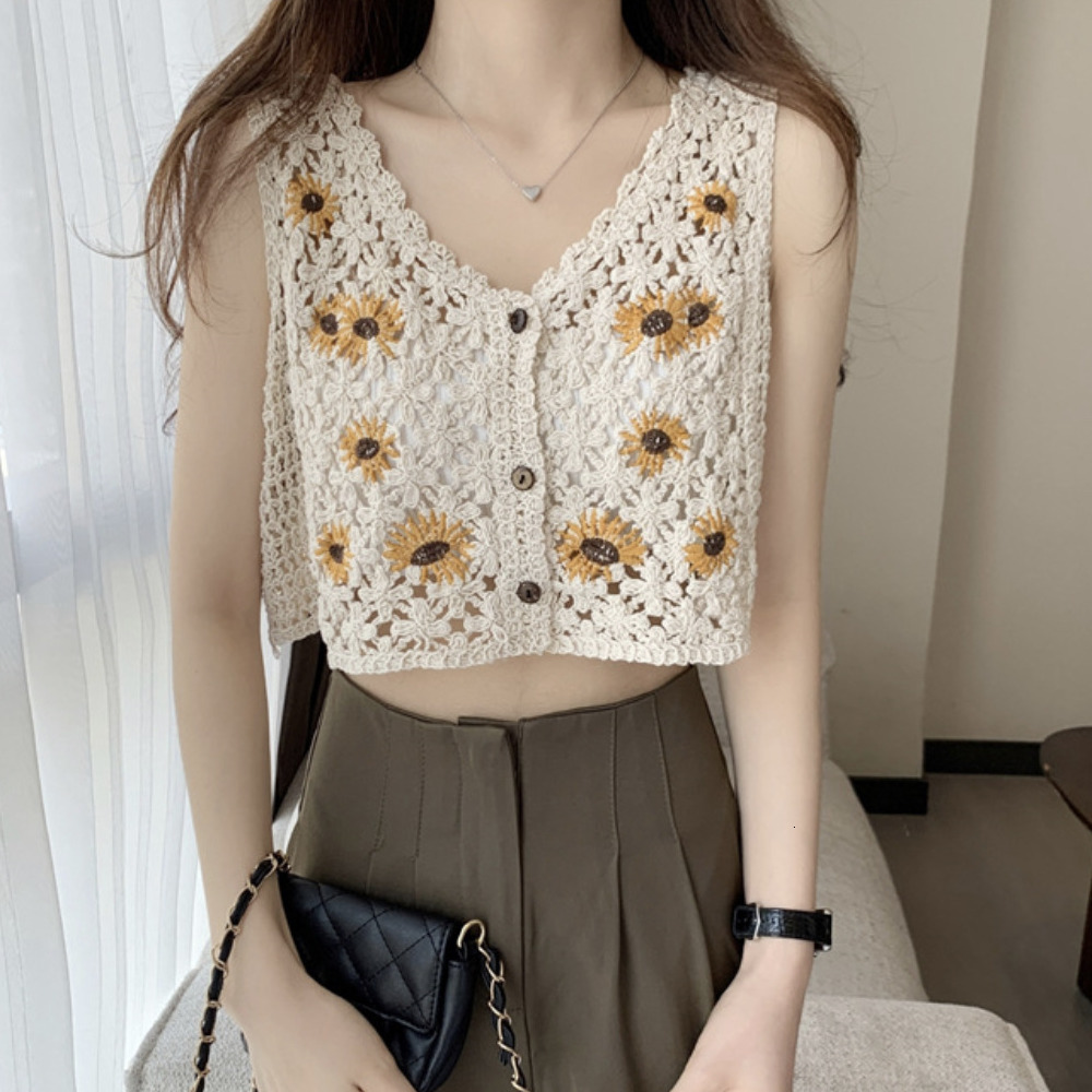 Womens Bordered Print Knit Sweater Vest Fashionable Croissant Round Neck Sleeveless Sweet Crop Tops 250910