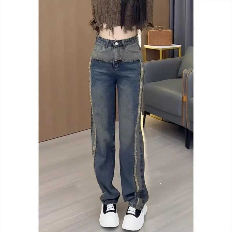 Womens Button Zipper High Waist Casual Old Tie-dye Casual Loose Straight TrousersT251208