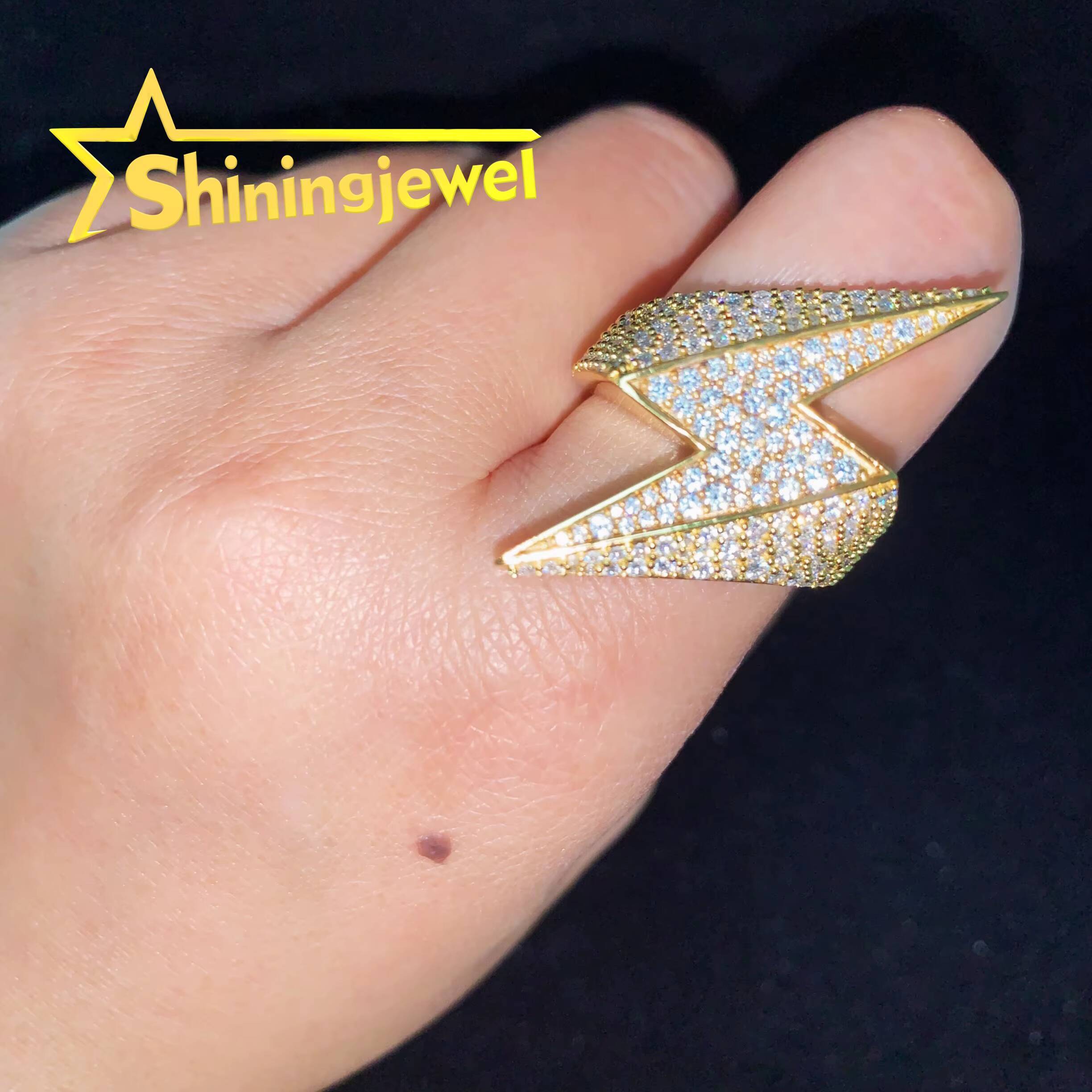 Shiningjewel Lightening Bolt Shape Ring Moissanite Pass Diamond Tester Moissanite Ring Hip Hop Jewelry 925 Moissanite Men Ring