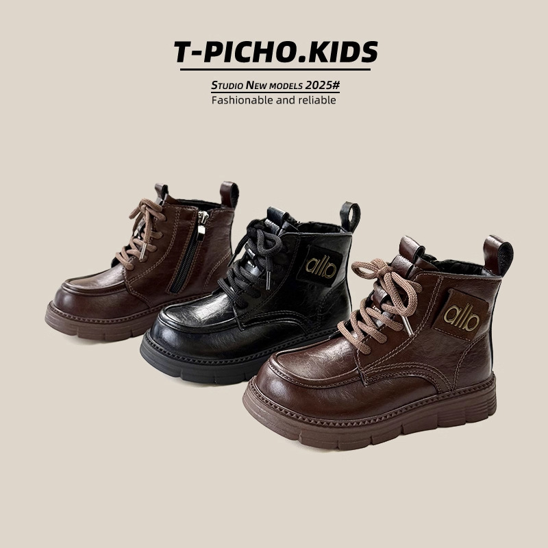 Free shipping Fashionable minimalist children's Martin boots with plush cotton shoes autumn winter boy boots medium large children's leather boots