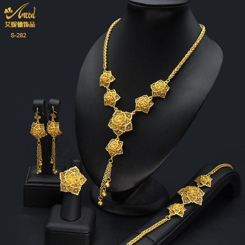 ANIID Dubai Gold Plated Jewelry Set For Women Flower With Tassel Big Nigerian Indian Bridal Necklaces Earrings Rings Sets 251114