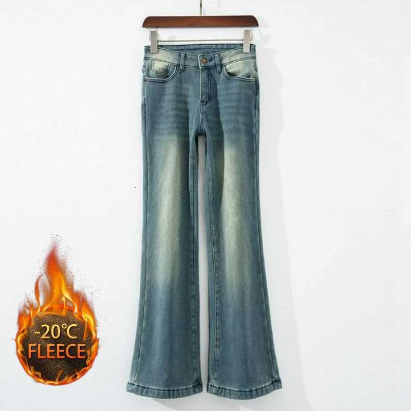 Autumn Winter Thickened Fleece-Lined Vintage Straight-Leg Jeans Womens Slimming Hip-Hiding Elastic Micro-Flared Cotton TrousersT251208