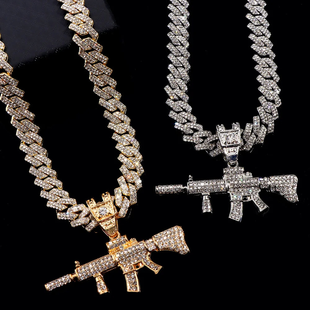 Men Women Crystal Gun AK47 Pendant Necklace Punk Hip Hop 14MM Prong Miami Cuban Link Chain Rapper Necklaces Jewelry For Gifts 251204