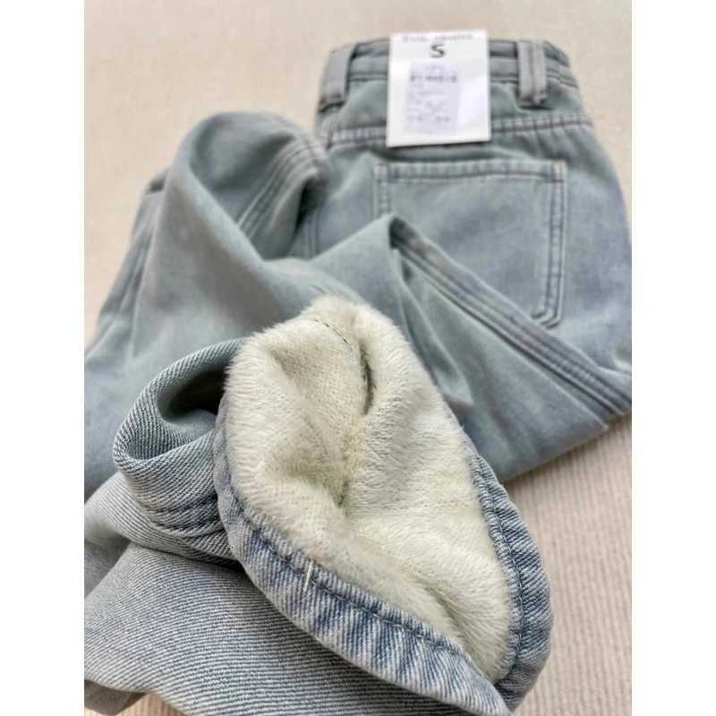 Jeans For Woman Y2k Pants 2025 Latest Light Blue American High Street Winter Fleece Loose Wide Leg Straight Long Denim TrousersT251208
