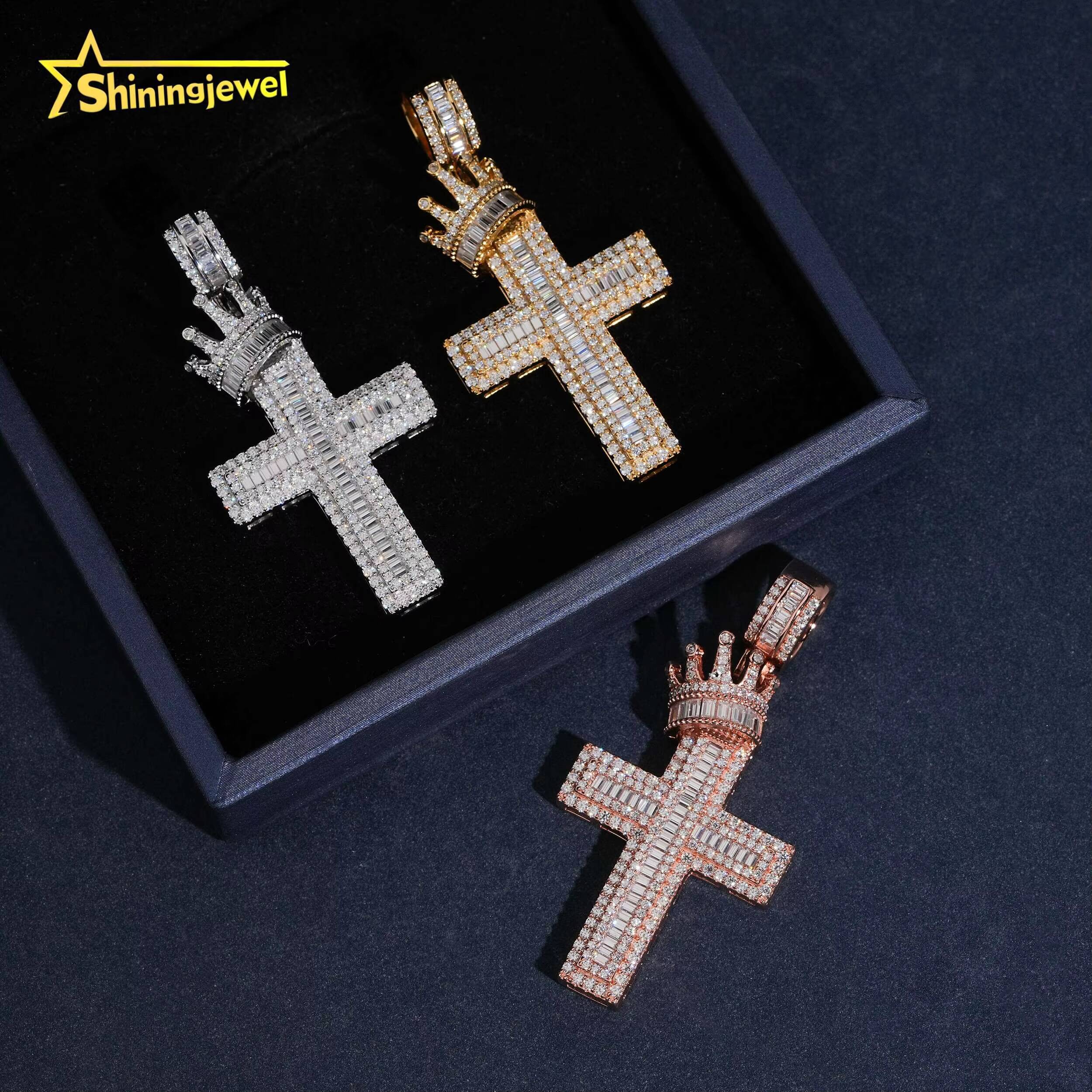 Instock Iced Out Pendant Cross Moissanite Pendant Charm Solid 925 Sterling Silver Cross Pendant with Crown Pass Diamond Tester