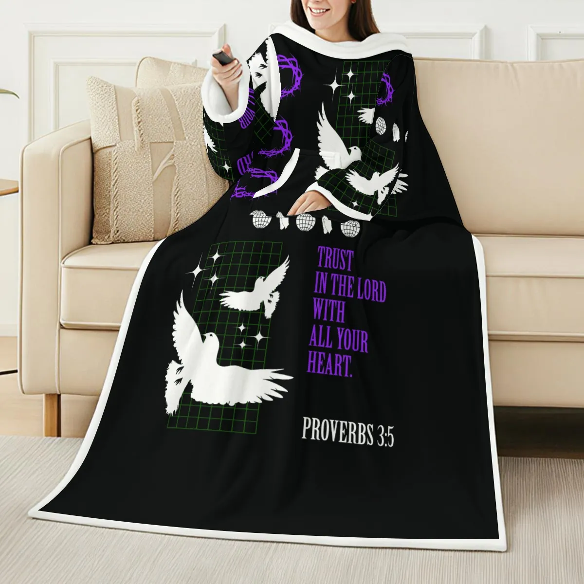 All Over Print Wearable Blanket with Sleeves Dual Layer Sherpa Fleece Hooded Robe Long Sleeve Oversized Snuggle Sack for Adults