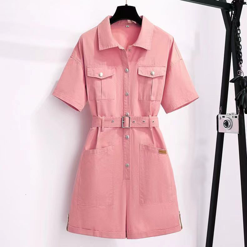 2024 Summer New Stylish One-Piece Suit for Petite Figures Waist-Cinching Slimming Korean Style Loose Cargo Shorts 210507