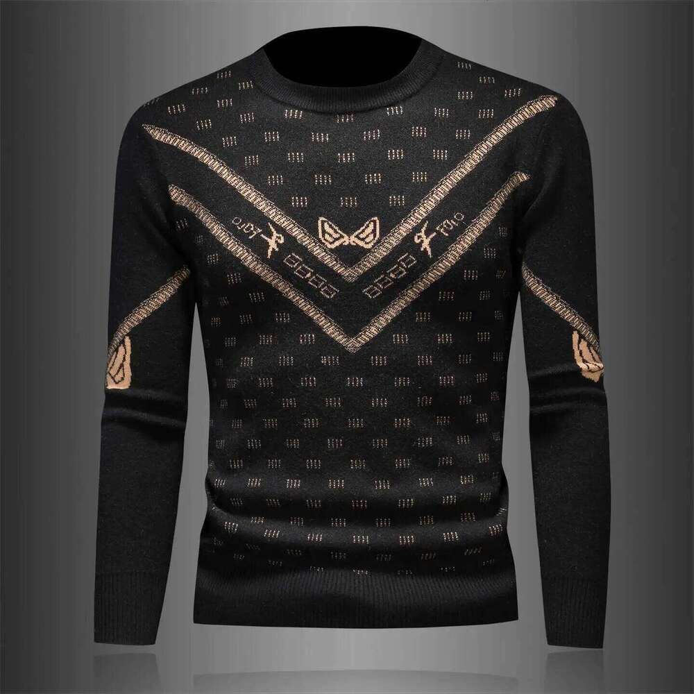 Vintage Fashion Men Winter Men's Jacquard Wool Blend Sweater Round-Neck Knitted Club Outfits Base Shirt