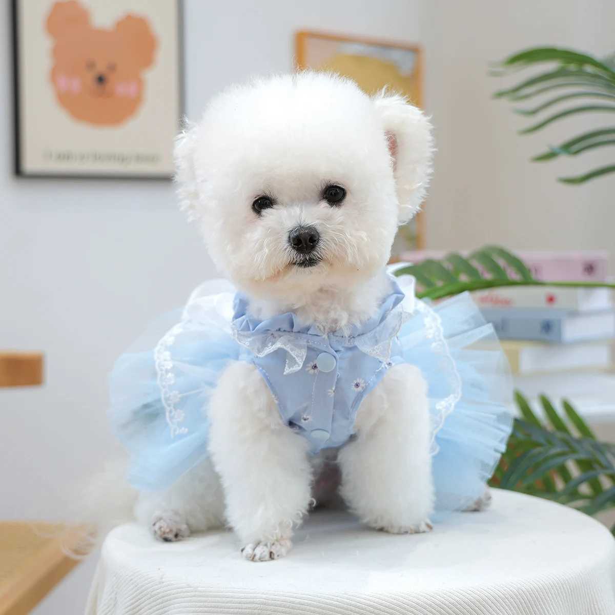Waltz Mesh Dress Pet Clothes Dogs Cats Summer Hair Loss Prevention Blue Wedding Dress M251208