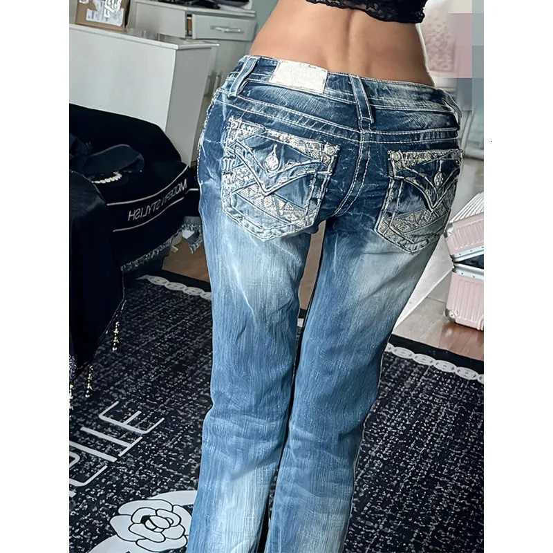 Women Slim Fit Personalized Cross Embroidered Jeans American Style Y2k Millennial Spicy Girl Low Waist Design Floor Length PantsT251208