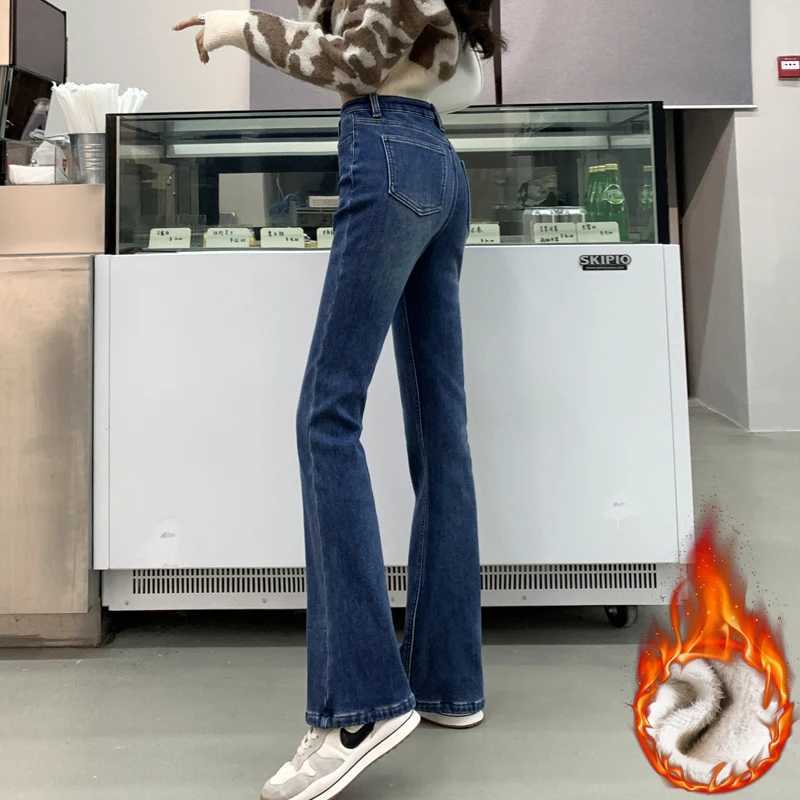 Winter Warm Womens Jeans Fashion Slim Thicken Fleece Flared Pants High Waist Elastic Skinny Velvet Plus Length Female JeansT251208