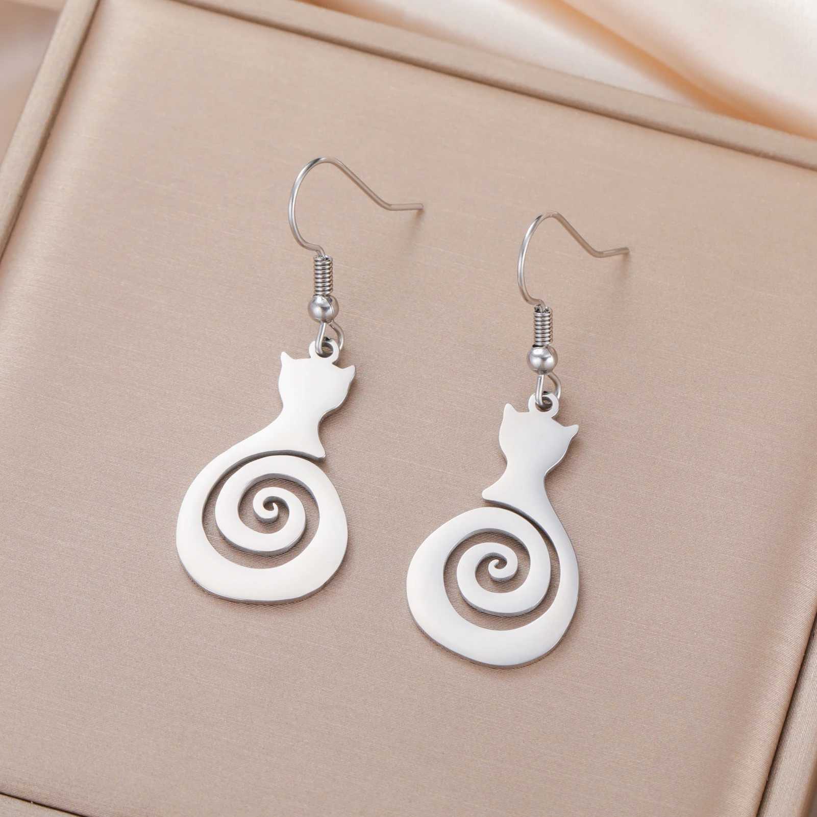 Cazador Cat Kitten Cute Swirl Spiral Tail Earrings for Women Girls Stainless Steel Animal Drop Earrings Jewelry Birthday Gift J251208