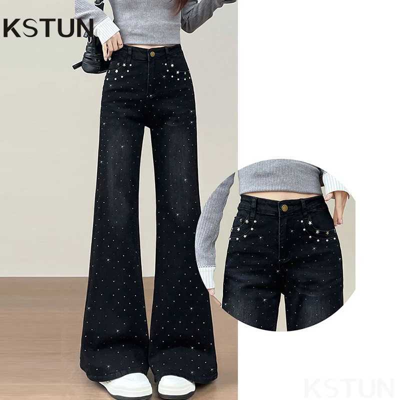 KSTUN Micro-Flared Jeans For Women High-end Black Studded Diamond Ladies Bell-bottoms Trousers High Waist Stretch Denim PantsT251208