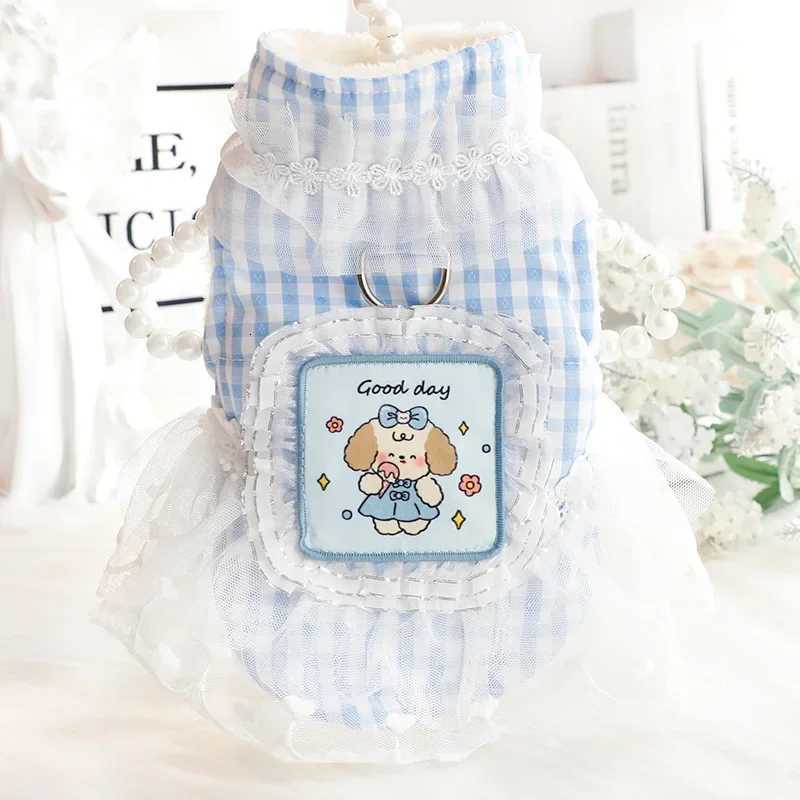 Thickened High Neck Plaid Pet Dress for Small Dogs Princess Lace Sweet Vest Patchwork Mesh Autumn Winter Clothes for Cats M251208