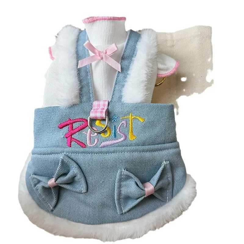 Dog Bow Denim Strap Plush Skirt Spring Autumn Dog Slip Dress Pet Denim Skirt Teddy Skirt Bear Small Dog Clothes Puppy Dress M251208
