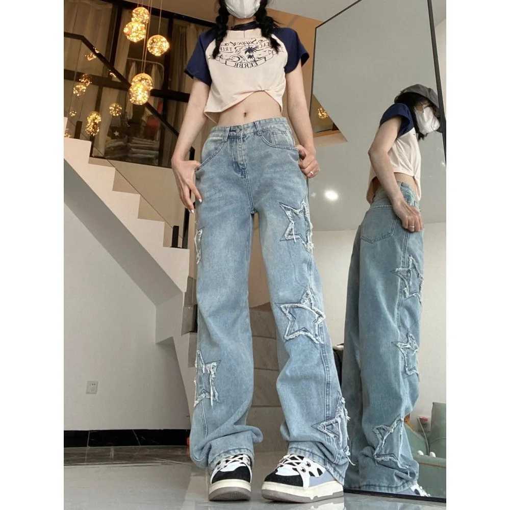 American Retro High Street Jeans Female Spring and Autumn New Design Embroidery High Waist Thin Wide Leg Trousers TideT251208